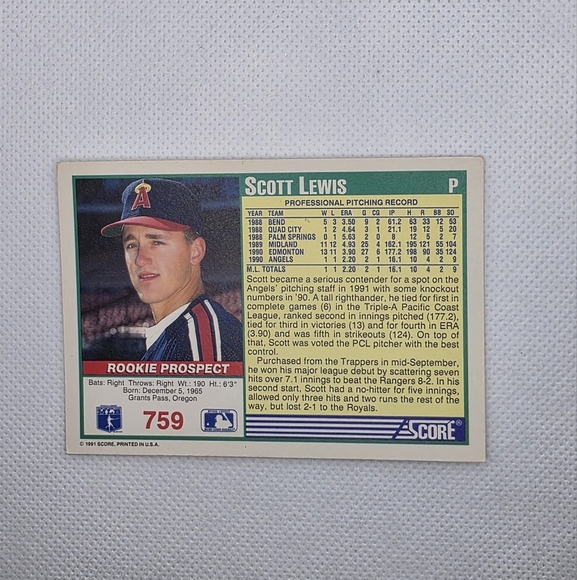 1991 Score Scott Lewis California Angels #759 Rookie Prospect Baseball Card - Picture 3 of 4